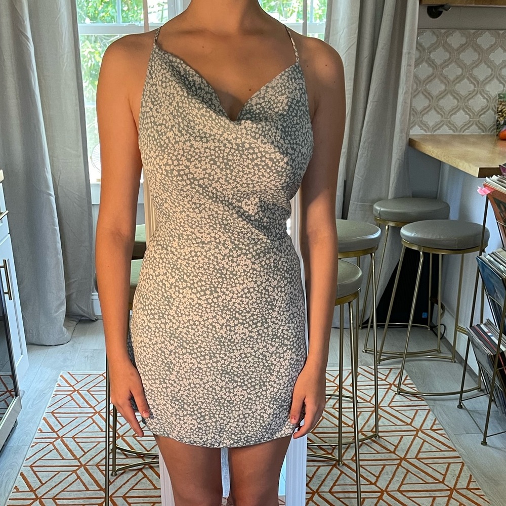 NWT Beginning Boutique Your LA Catch Cowl Neck Mini Dress. Sage green floral.